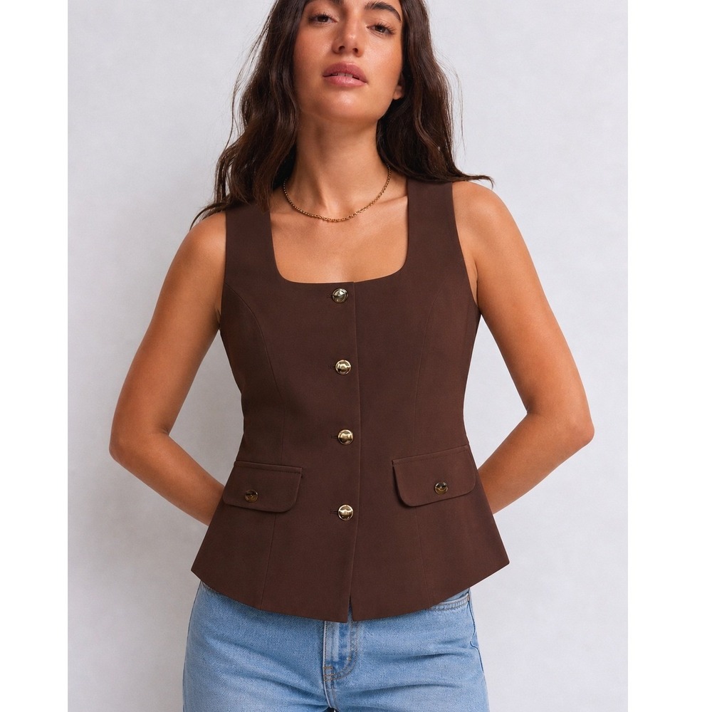 Sincerely Jules Brown Tailored Button Front Vest Square Neck Medium NEW